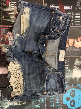 Free People Distressed Blue Denim Jean Shorts with Lace Trim